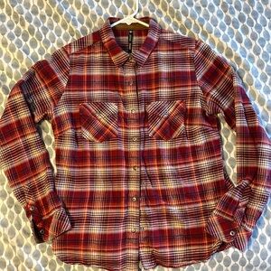 Kuhl Womens Flannel Shirt Small Red Plaid Corduroy Trim Snap Button‎ Up